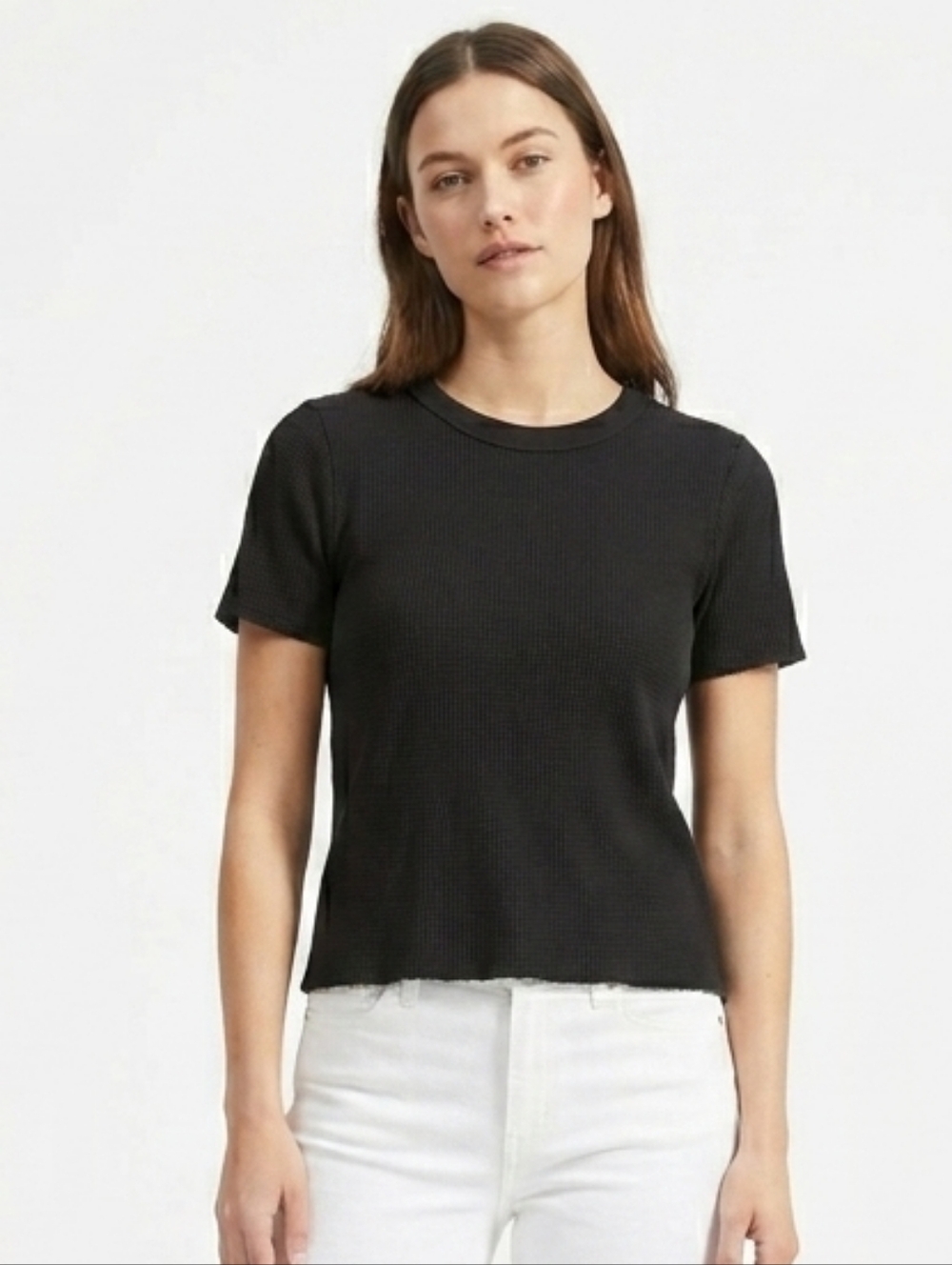 EVERLANE  Black Short Sleeve Waffle Knit Ribbed Tee In Black Size XS